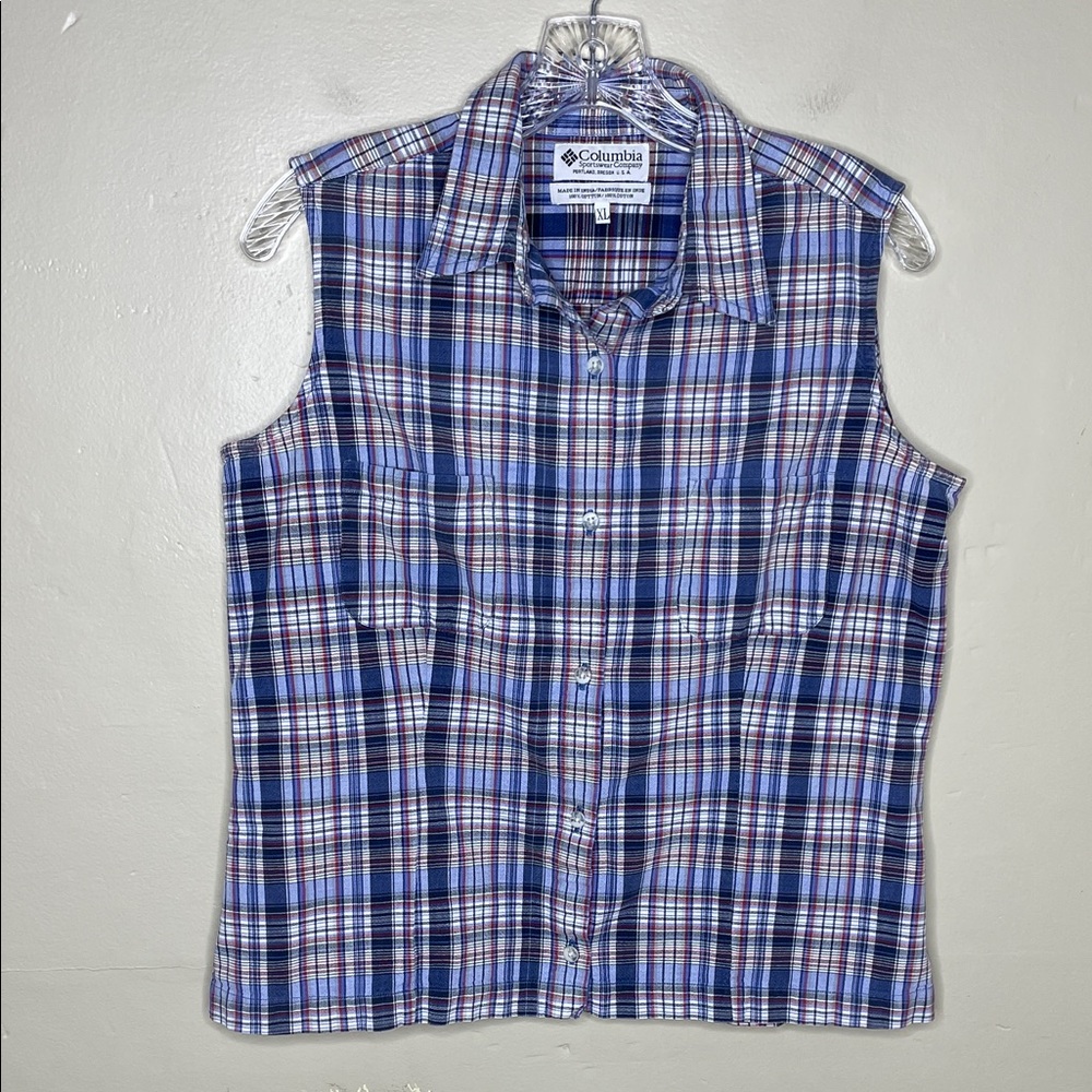 COLUMBIA VTG Blue Plaid Sleeveless Button Front Country Farm Life Casual XL